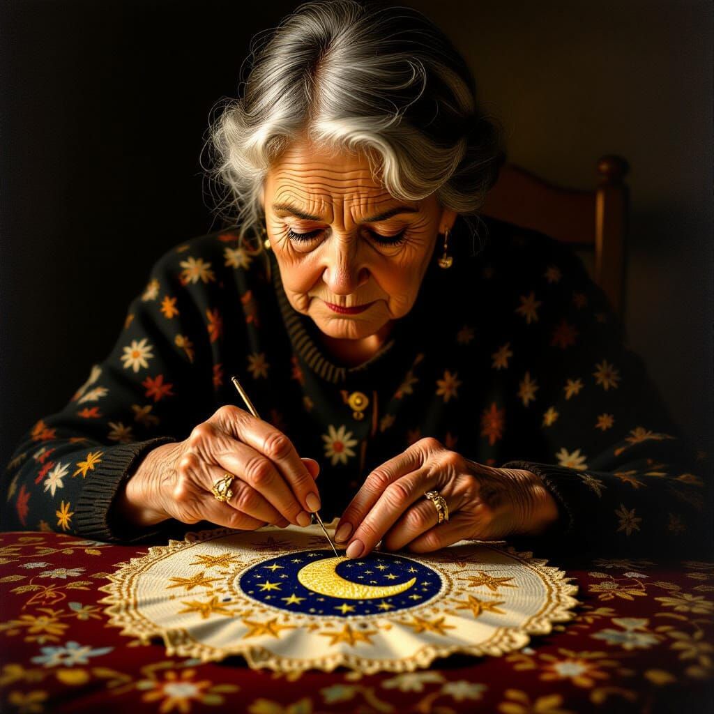 Hyperrealistic Embroidery of Moon and Stars