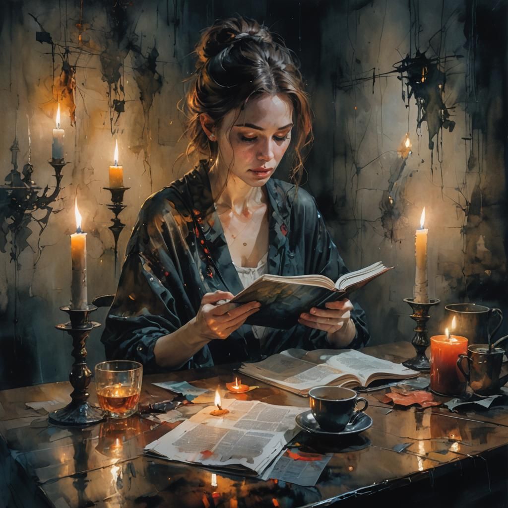 Woman Reading in Candlelight: Surreal Detailed Art