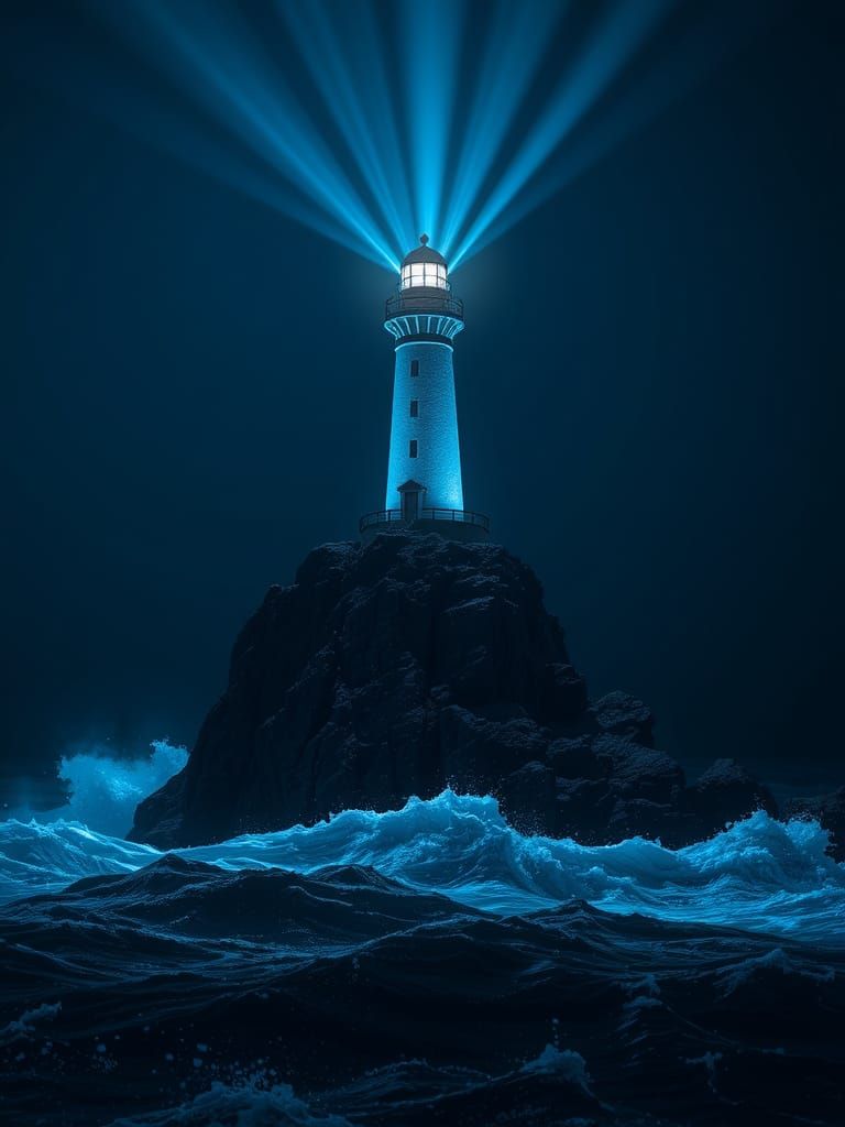 Bioluminescent Lighthouse on Craggy Rock in Stormy Sea