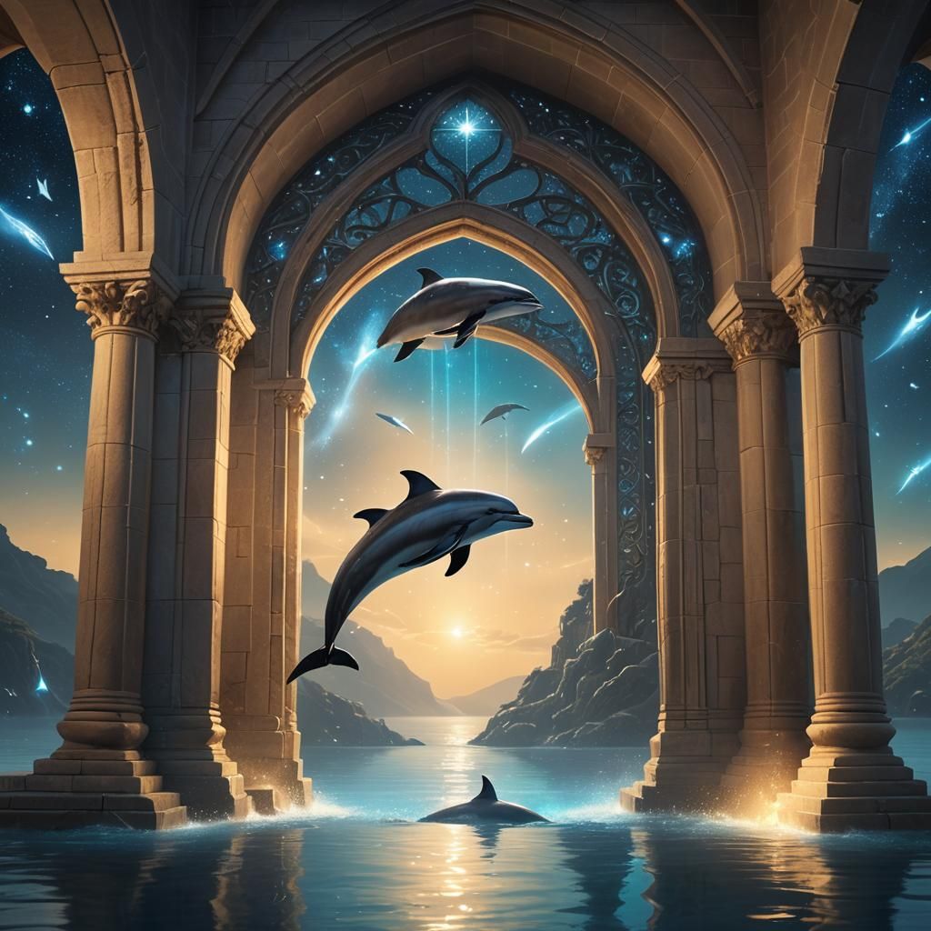 Ethereal Gothic Archway with Dolphins in Starry Night
