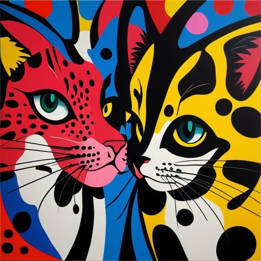 two cats, Yayoi Kusama style, naive art, minimalist, impasto...