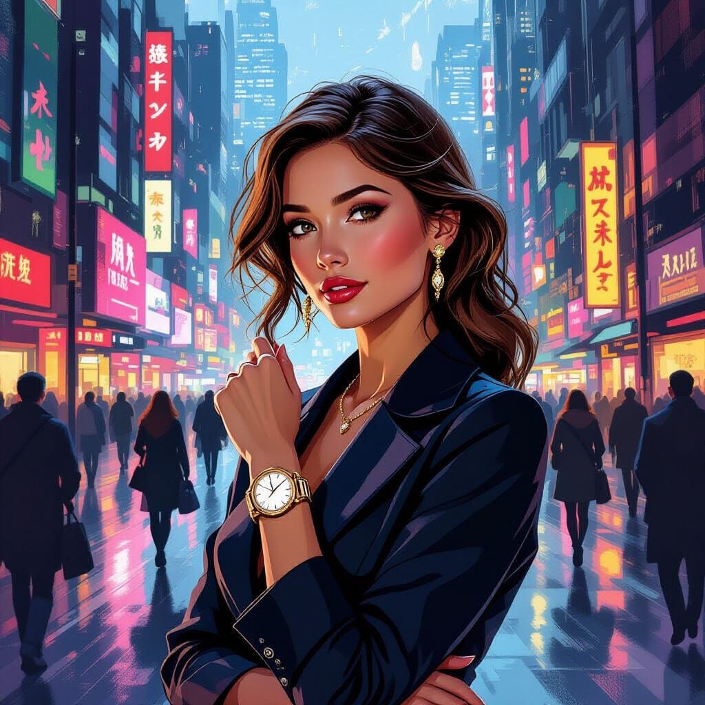 Elegant Woman in City Square, Retrofuturistic Style