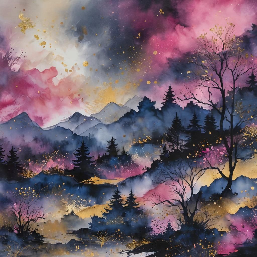 Foggy Landscape in Watercolor with Golden Stars