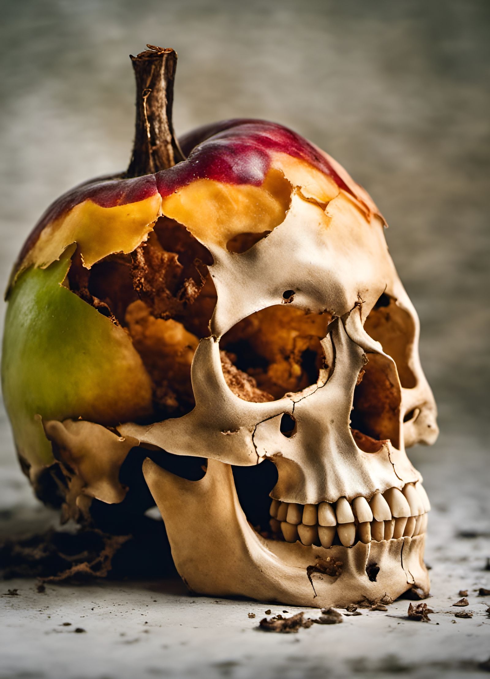 Decaying Skull with Fruit: A Macabre Studio Portrait