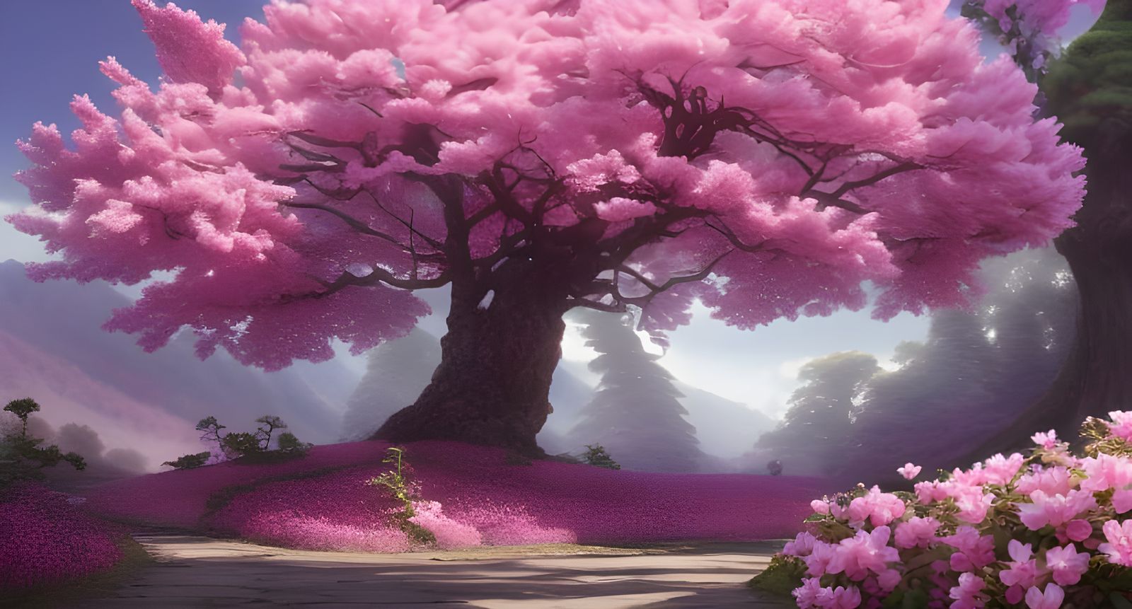 Magical Blossom Tree in Japanese Landscape, Digital Art