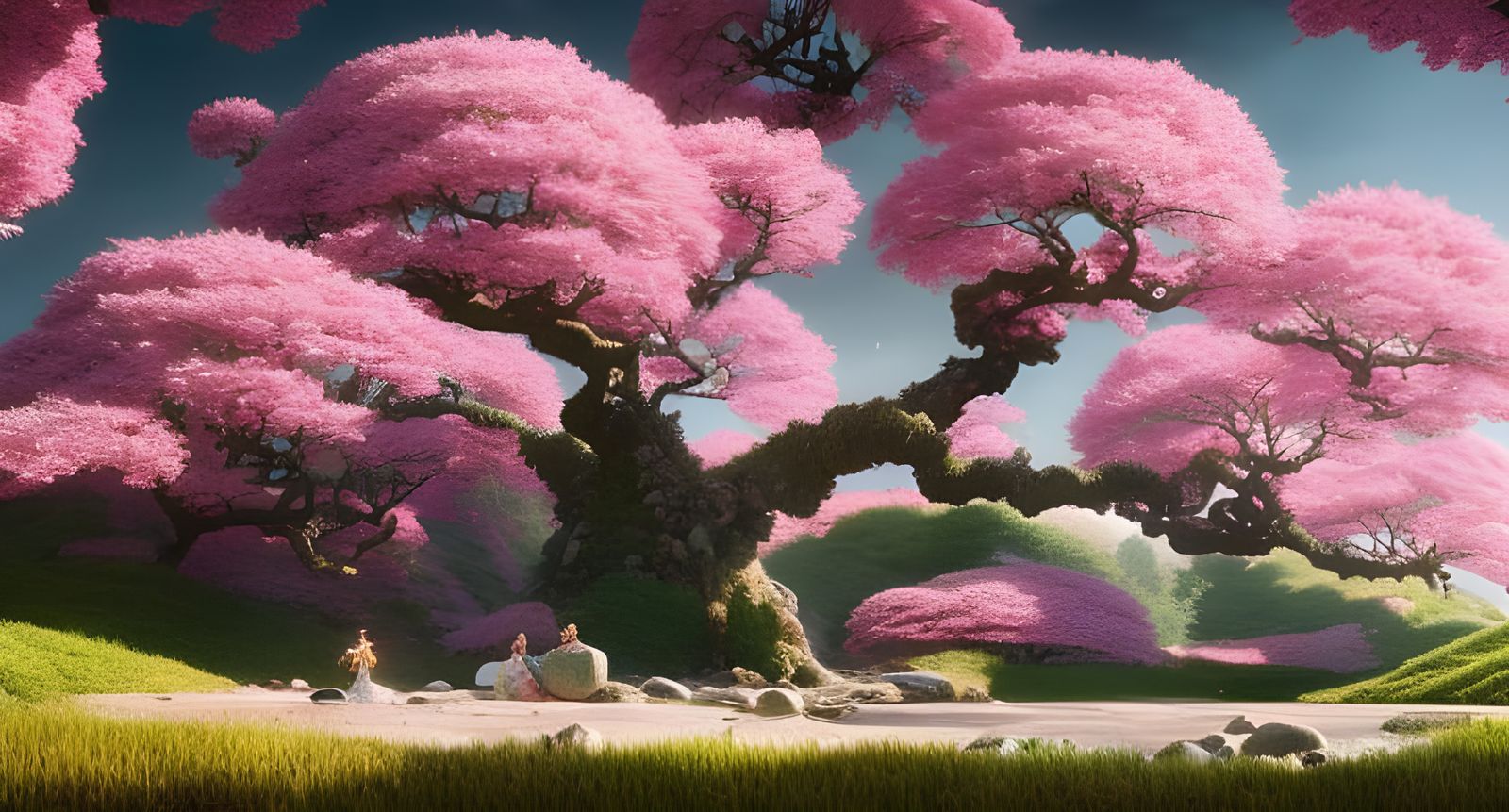 Magical Blossom Tree in Japanese Landscape, Digital Art