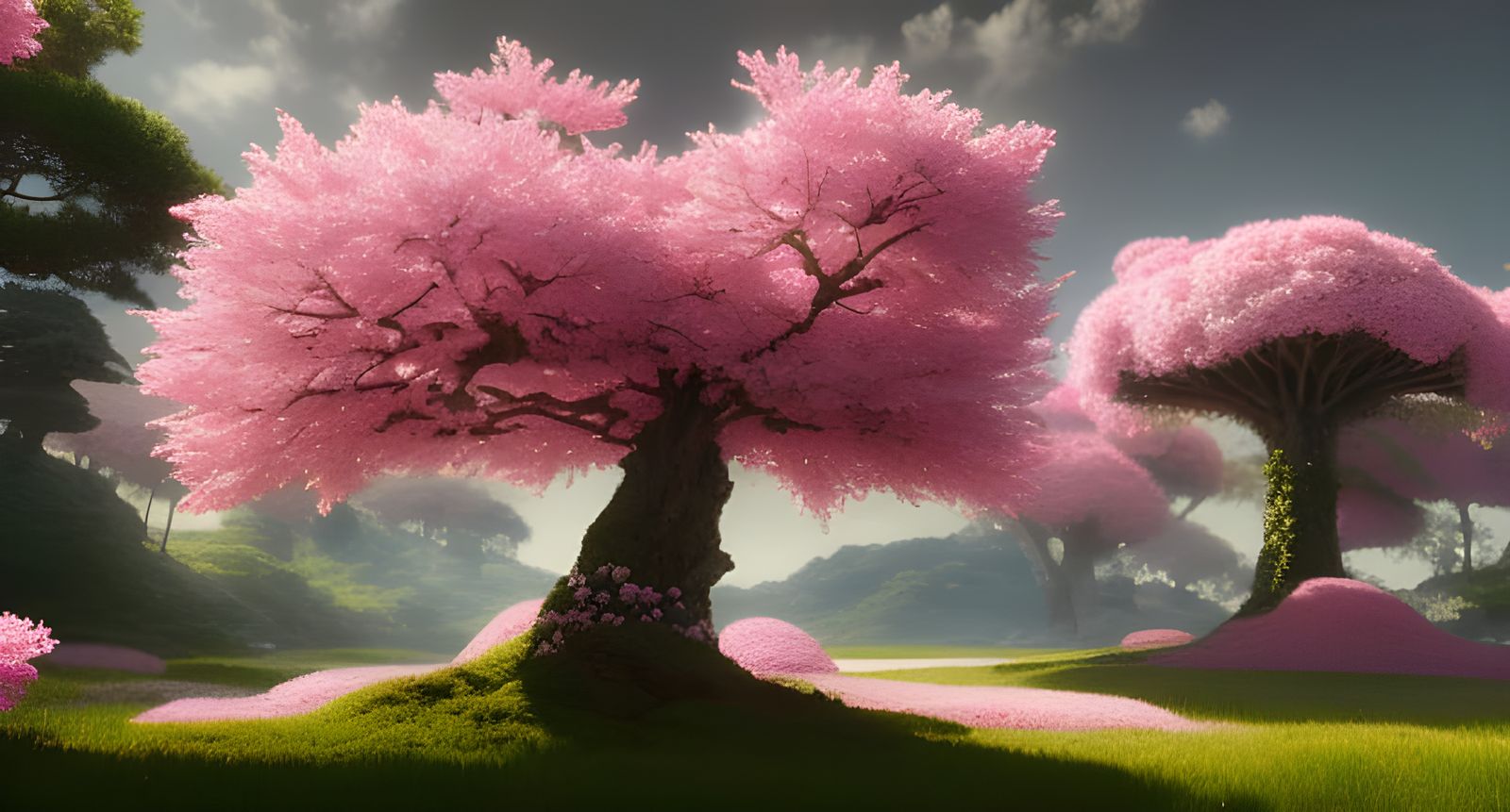 Magical Blossom Tree in Japanese Landscape: Digital Art