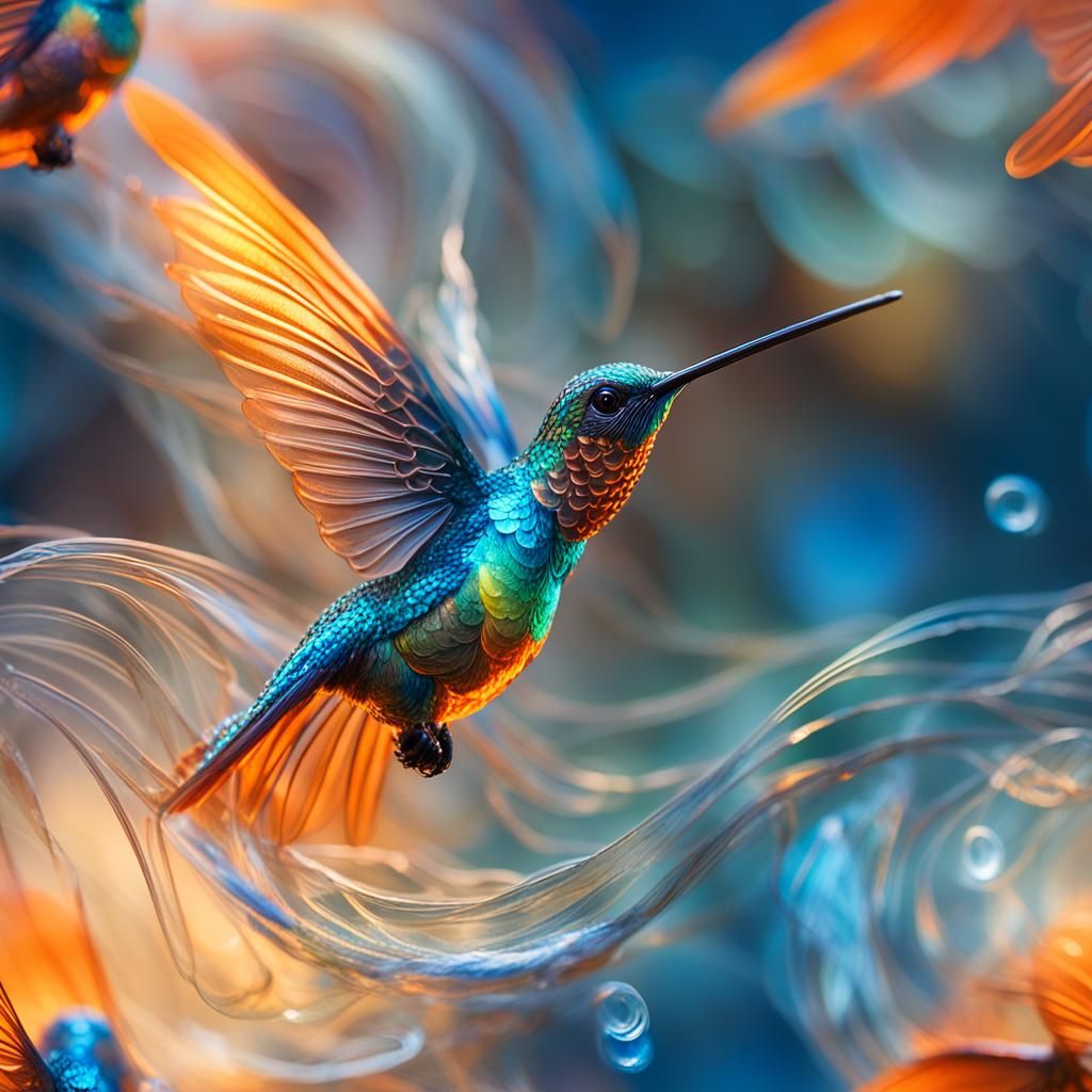 Spun Glass Hummingbird in Swirling Mist