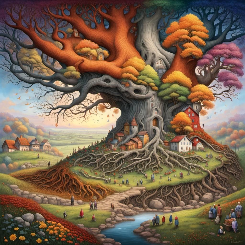 Four Seasons Tree in Surreal Landscape