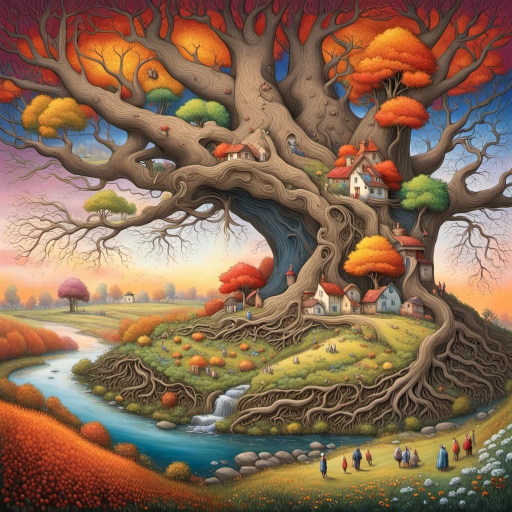 Four Seasons Tree in Surreal Landscape