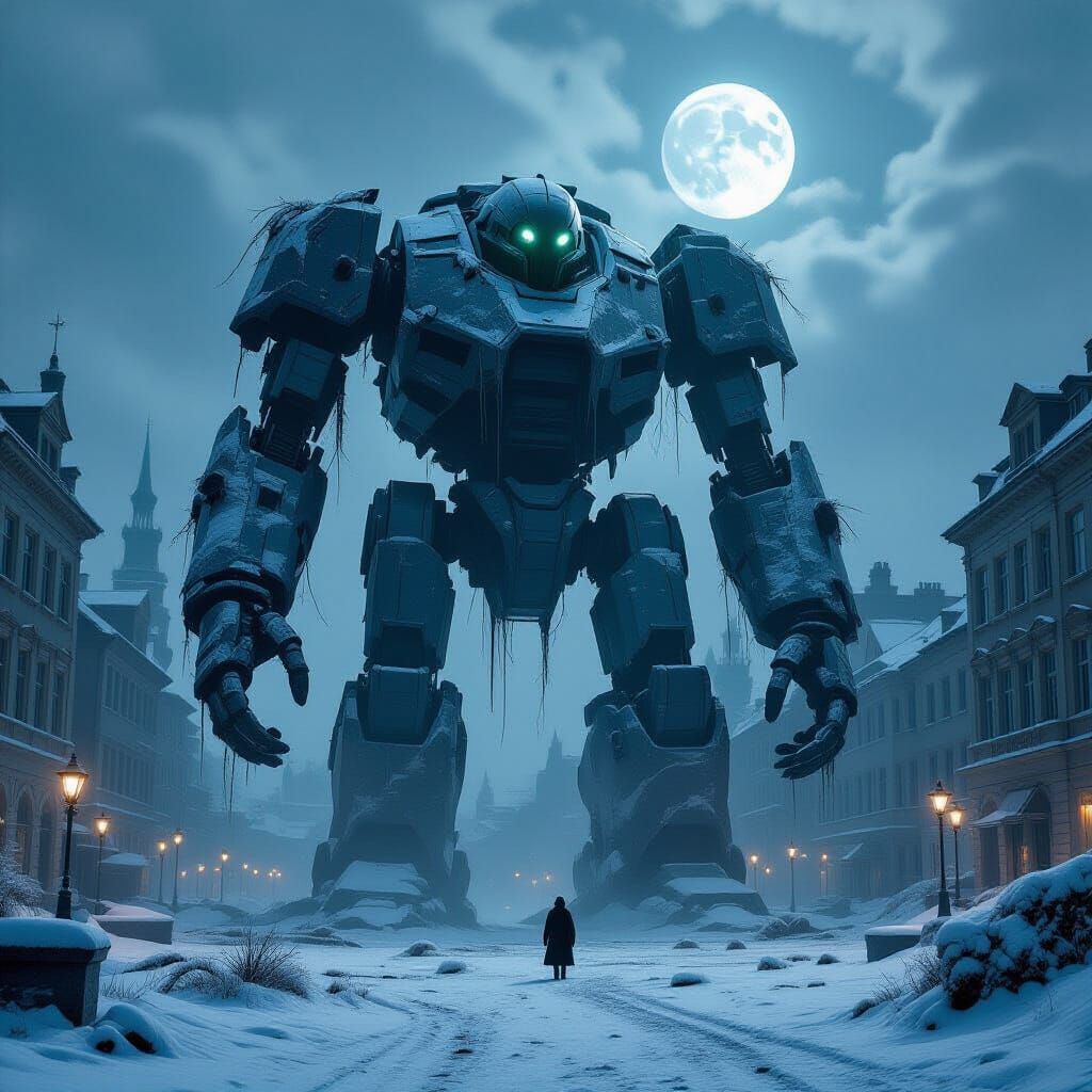 Ancient Frost Robot in Moonlit Ruined City