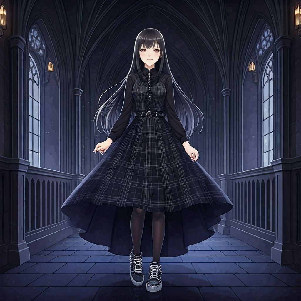 Gothic Woman in Plaid Gown Posing in Castle