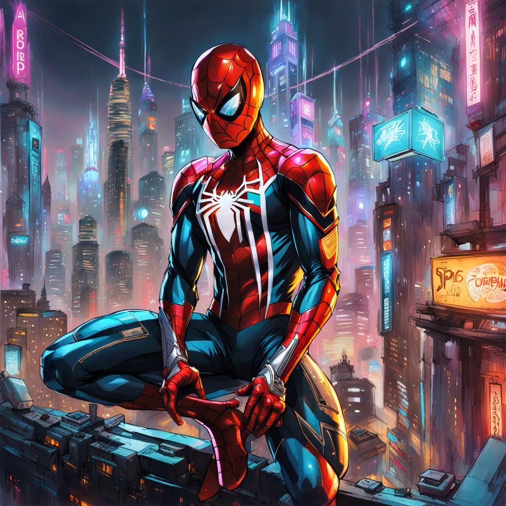 Spiderman in Cyberpunk Robotic Armor, Vivid Colors