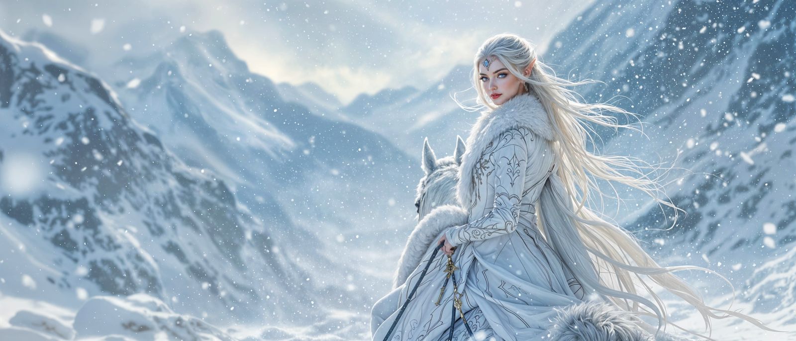 Snow Elf Woman Riding Horse in Blizzard