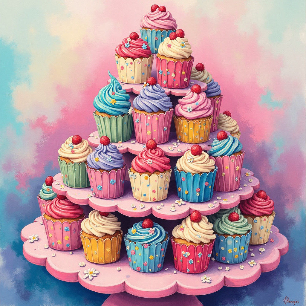 Colorful Cupcake Dreamscape in Gouache Style