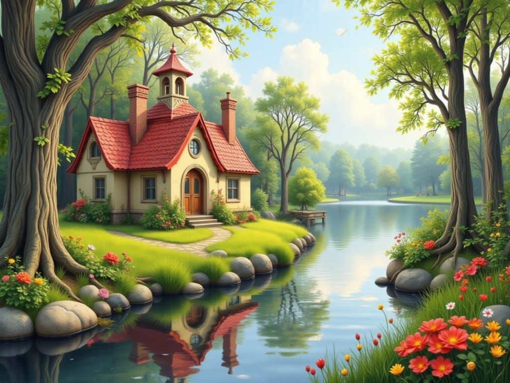 Realistic Cottage by Quiet Lake in Soft Pastel Colors