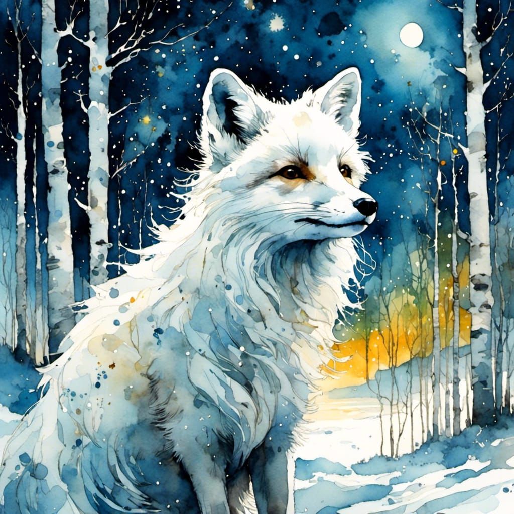 Arctic Fox in Snowy Forest: Watercolor Splash Art