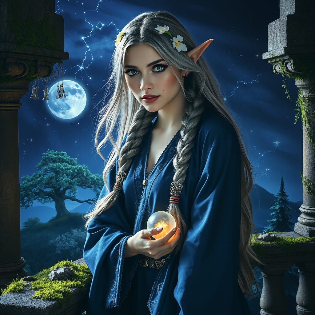 Ethereal Elven Enchantress with Moonpetal Flowers