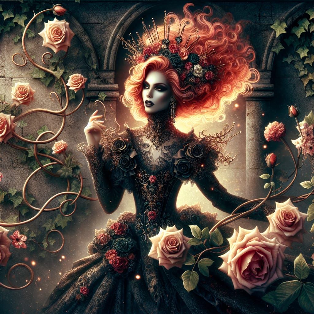 Woman, gothic, Emilie Autumn, roses, vines, ivy