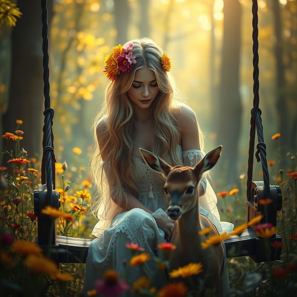 Ethereal Woman Surrounded by Vibrant Wildflowers in a Mystic...