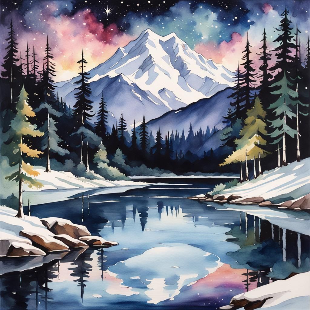 Cosmic Lake Reflection in Watercolour Style