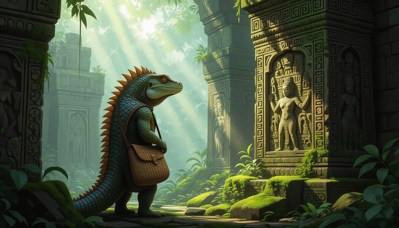Anthropomorphic Reptile Explores Ancient Jungle Ruins
