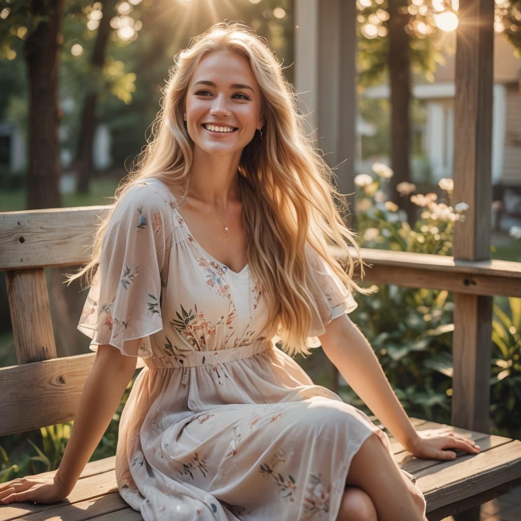 Smiling Girl on Porch in Soft Focus Pastel