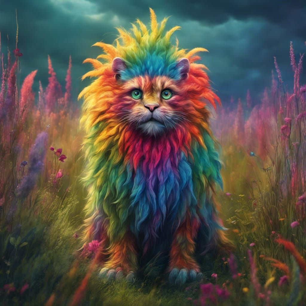 Rainbow Creature in Meadow: Fantasy Concept Art