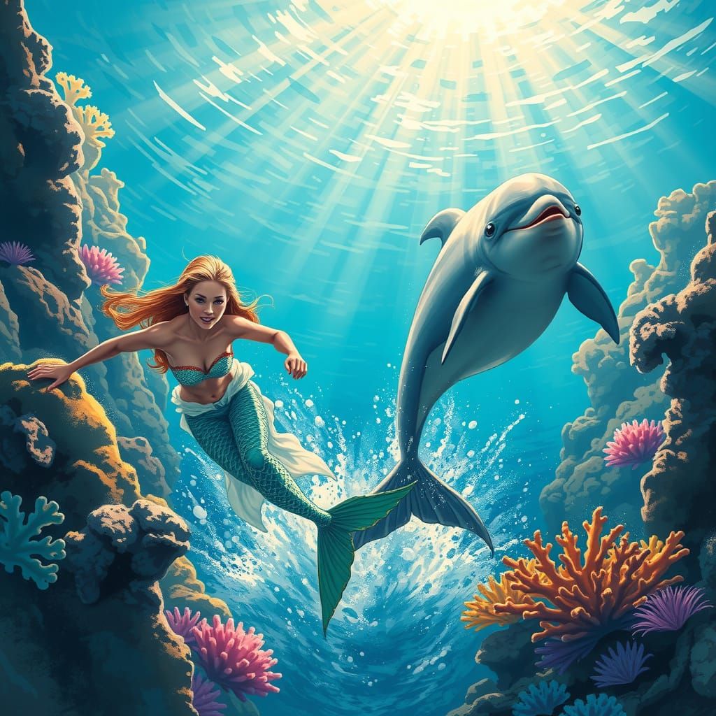 Mermaid and Dolphin Thrill Through Vibrant Coral Reef in Dyn...
