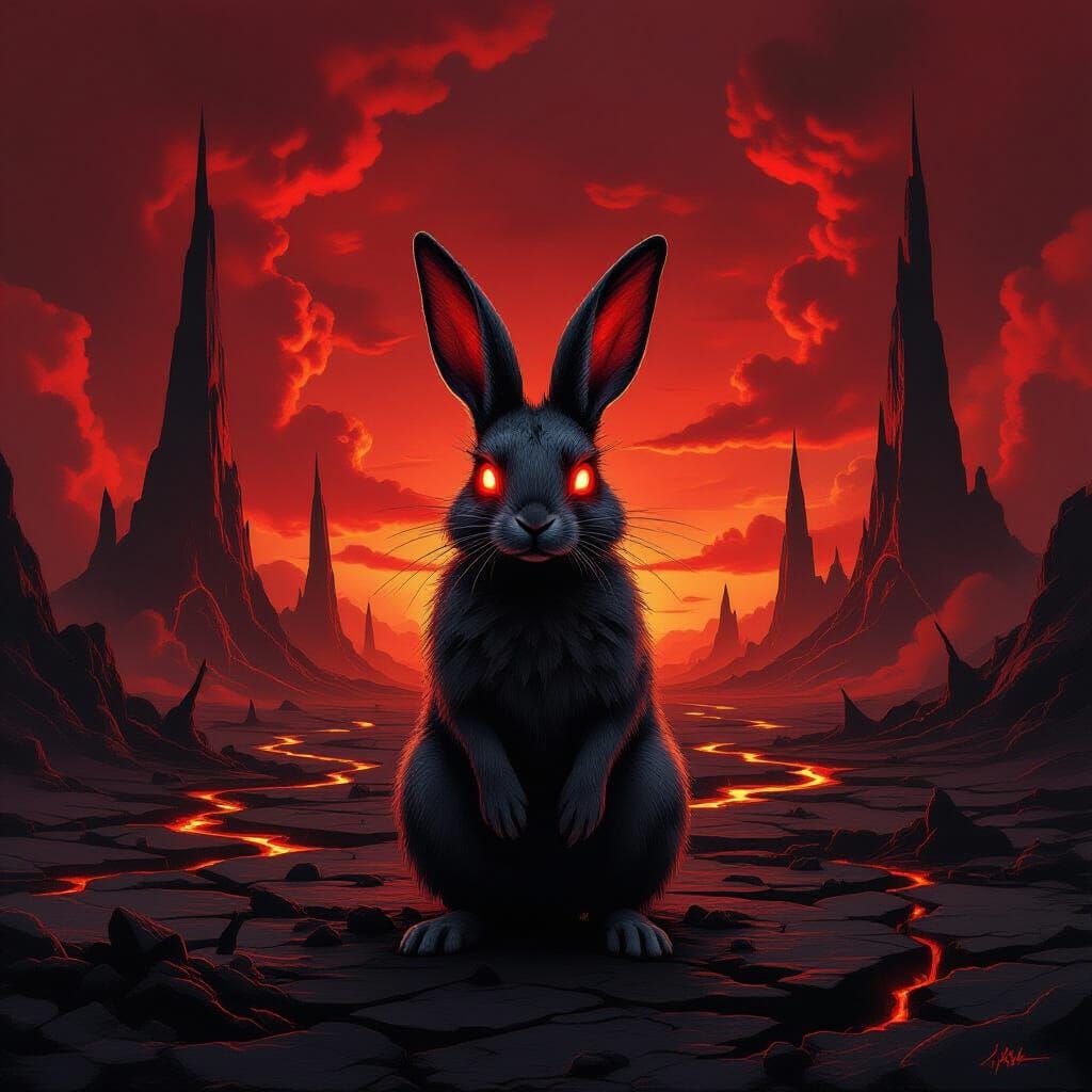 Tattered Rabbit With Red Eyes in Hellish Landscape