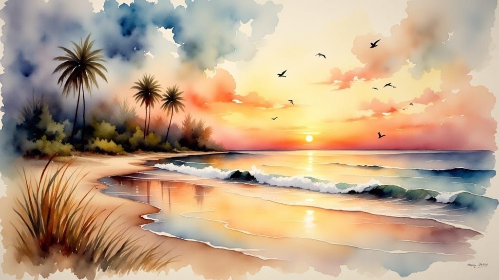 Warm Beach Sunrise in Vintage Watercolor Style