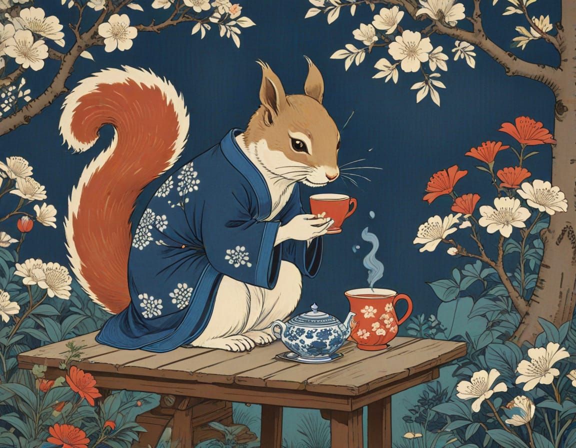 Red Squirrel Tea Party in Ukiyo-e Woodblock Style