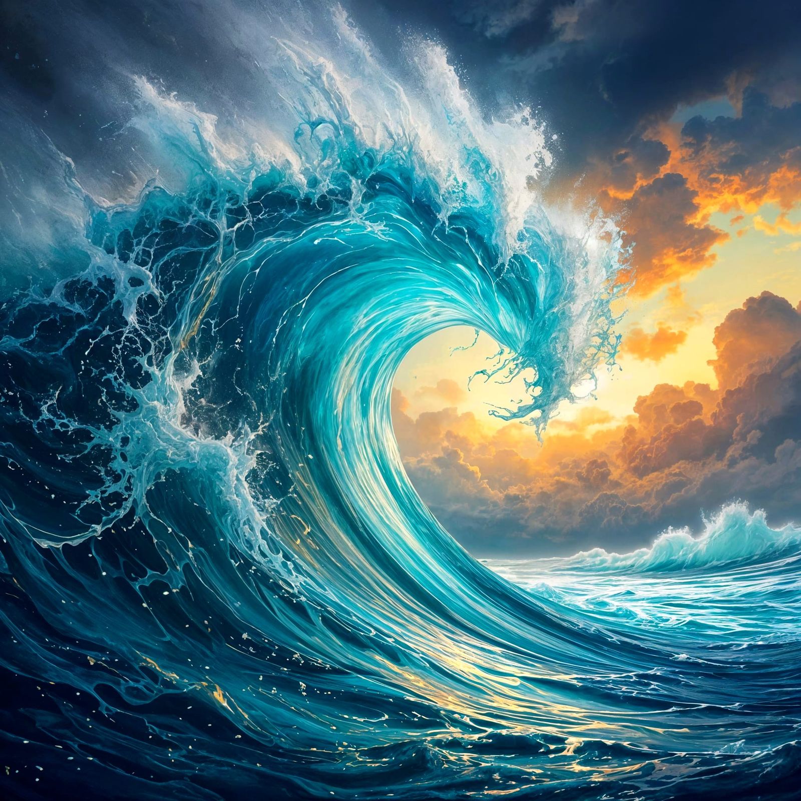 Powerful Ocean Wave in Ink Wash and Watercolor Style