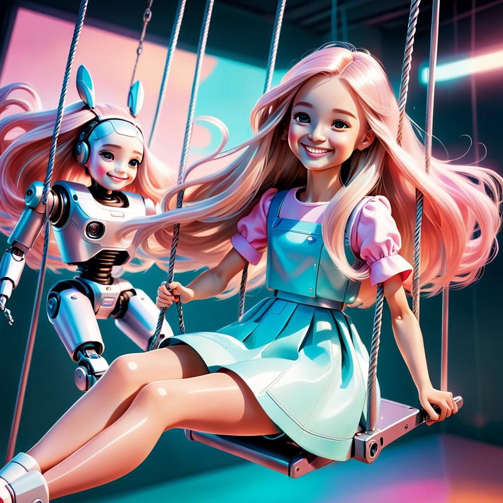 Girl and Robot on Swings in Ghibli Style