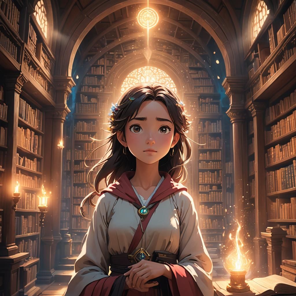 Anime Mage in Library Portal: 3D Artstation Concept