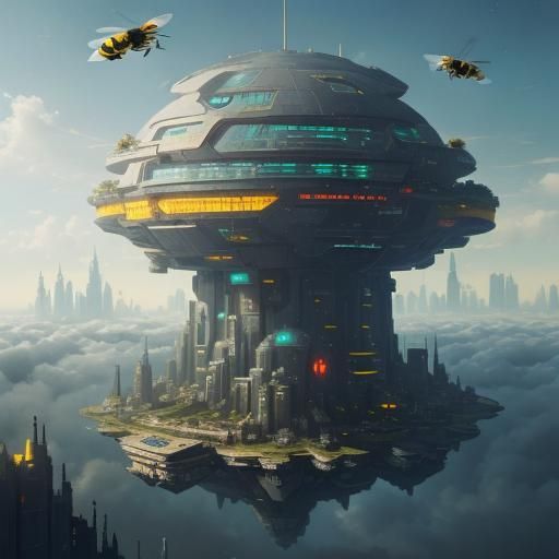 Futuristic City Floating in Clouds, Cyberpunk Style