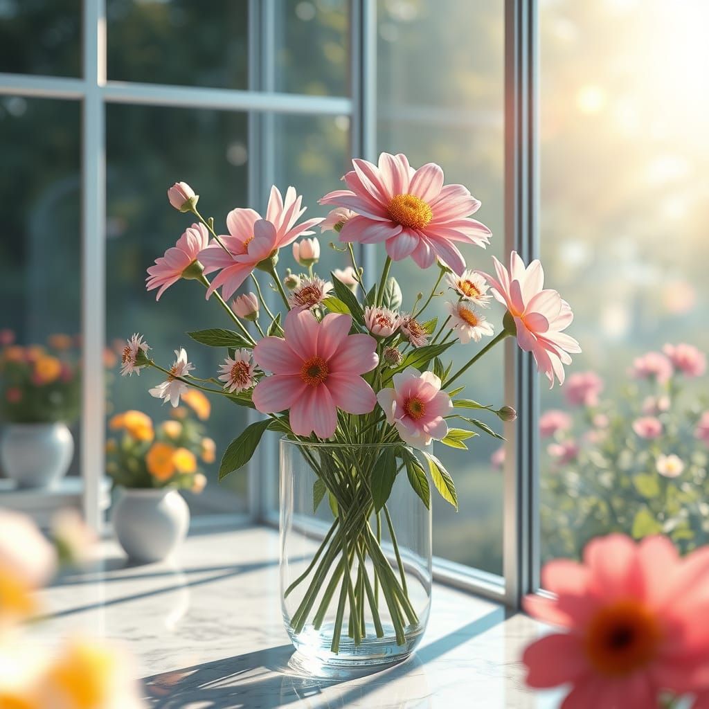 Glass Bouquet in Morning Light: 3D Anime Art