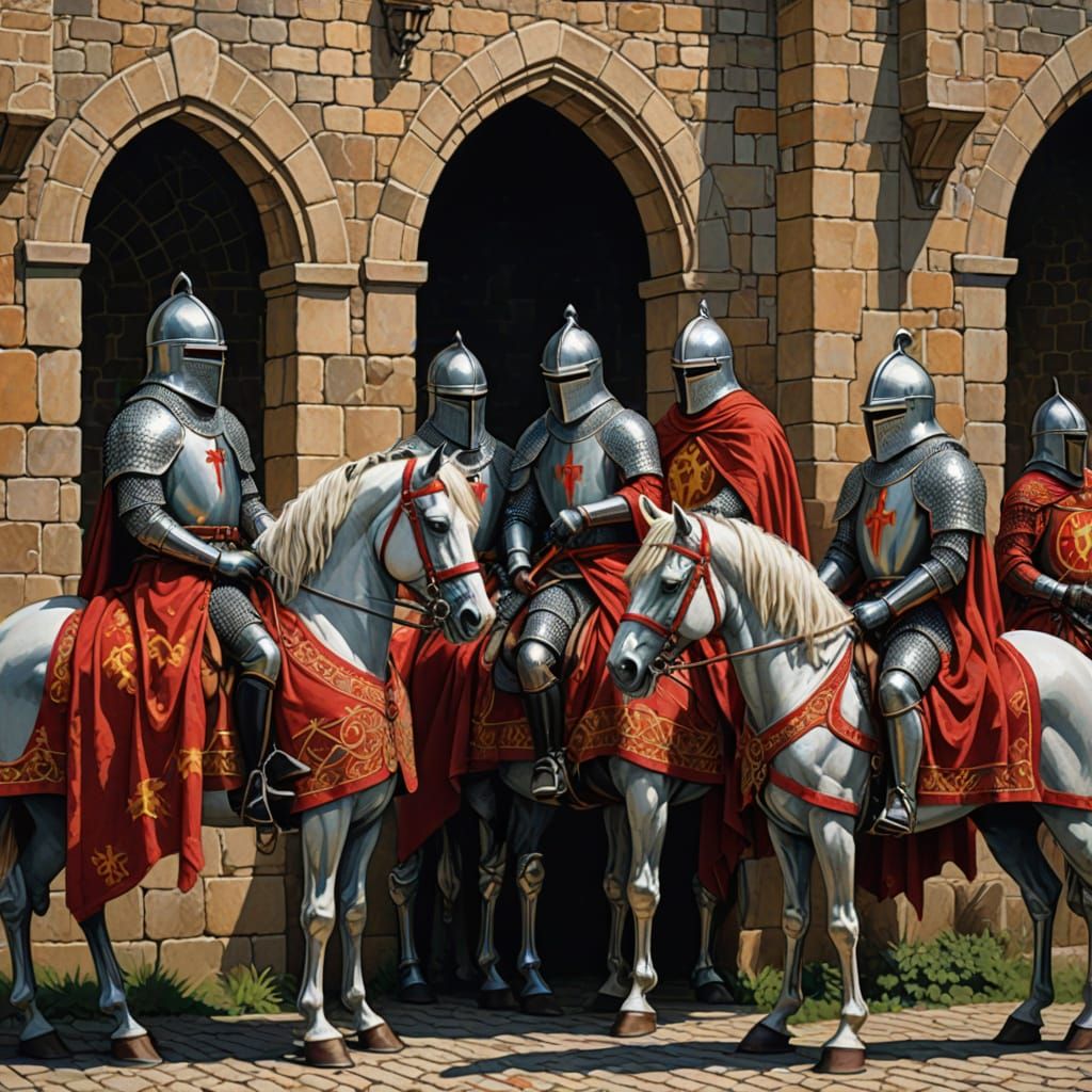 Medieval Knights in Castle Courtyard Tapestry Art