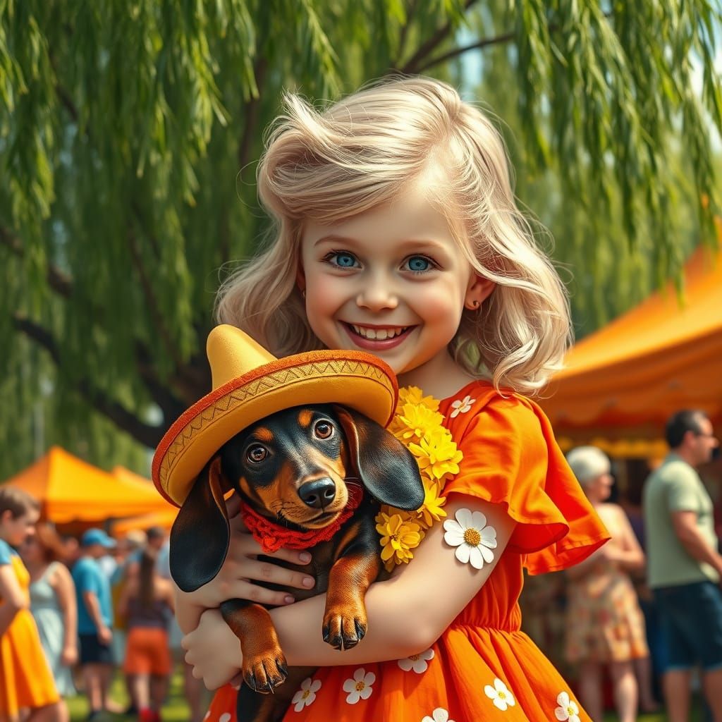 Girl and Dachshund at Festival, Hyperrealistic Style