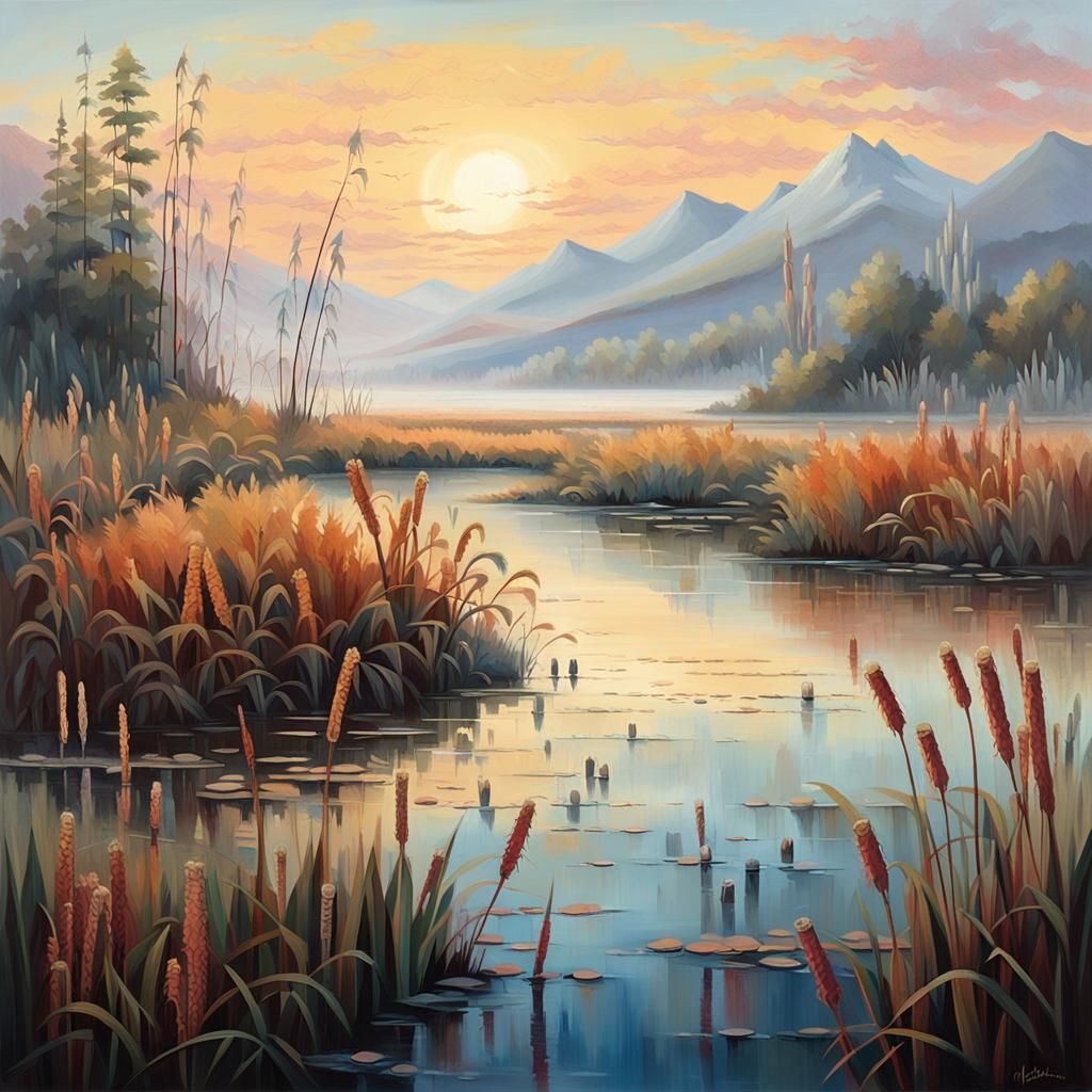 Ethereal Marsh Landscape with Misty Mountains