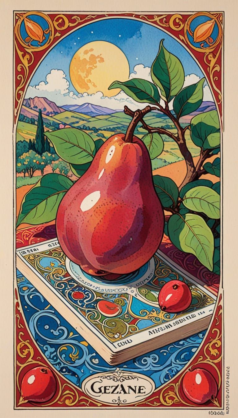 Art Nouveau Pear Tarot Card in Gouache and Comic Style