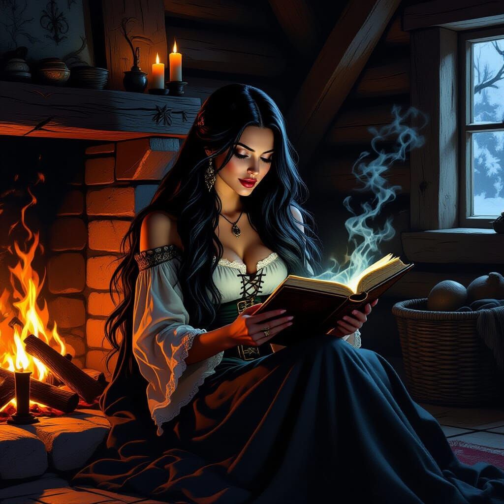 Voluptuous Witch Reads Spell Book in Rustic Cabin