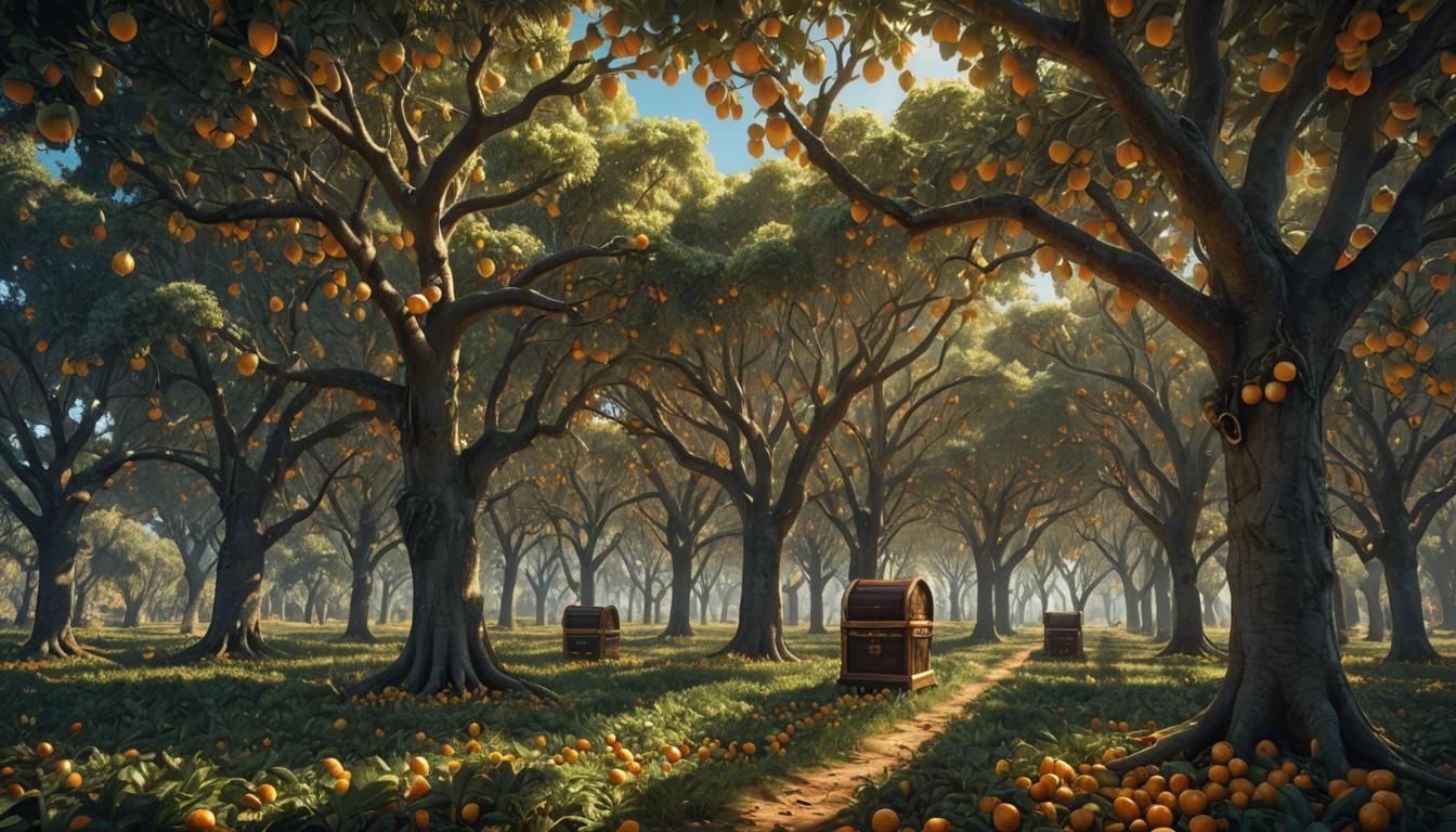 Fantasy Orchard with Golden Fruit and Treasure
