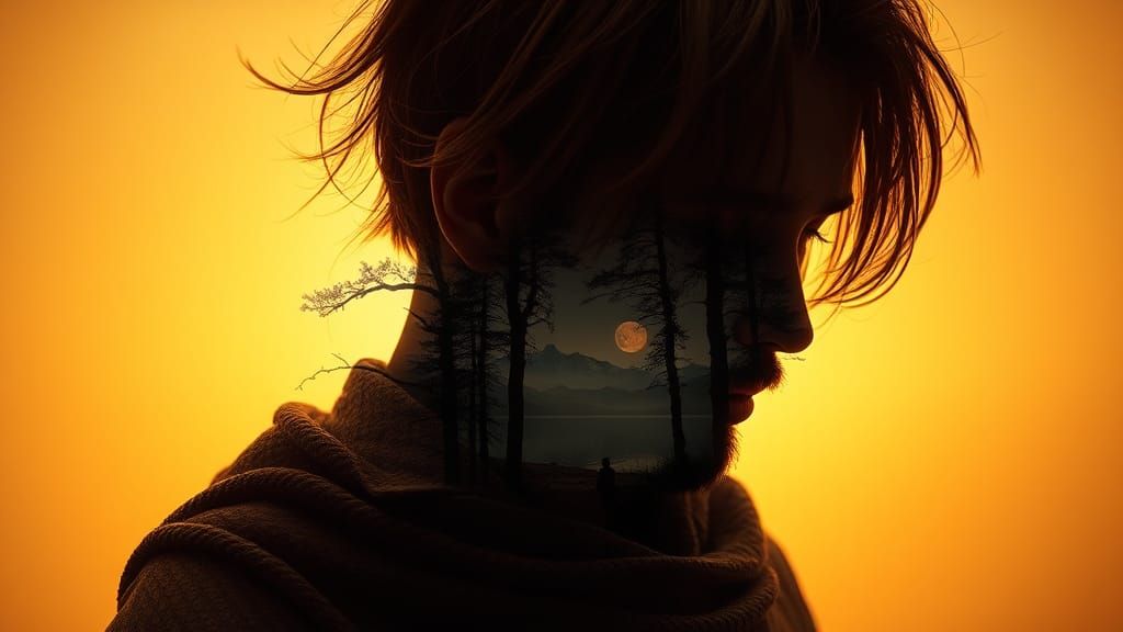 Introspective Portrait with Dreamlike Double Exposure
