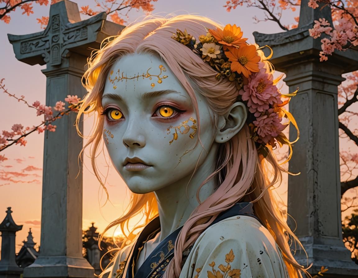 Neon-Eyed Girl in Flowered Cemetery, Distinctive Art