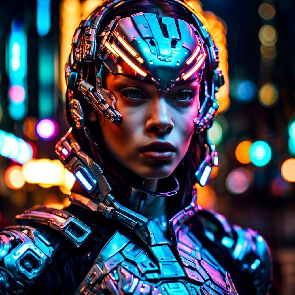 Cyborg Girl Portrait in Neon City, Hyperrealistic