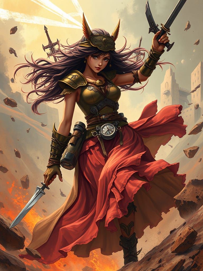 Steampunk Battle Girl in Vivid Colors and Motion