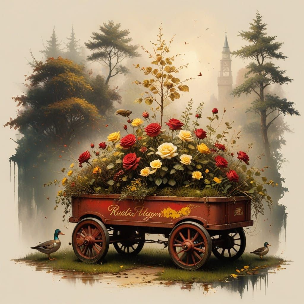 Vintage Radio Flyer Wagon Adorned with Roses in Autumn Lands...
