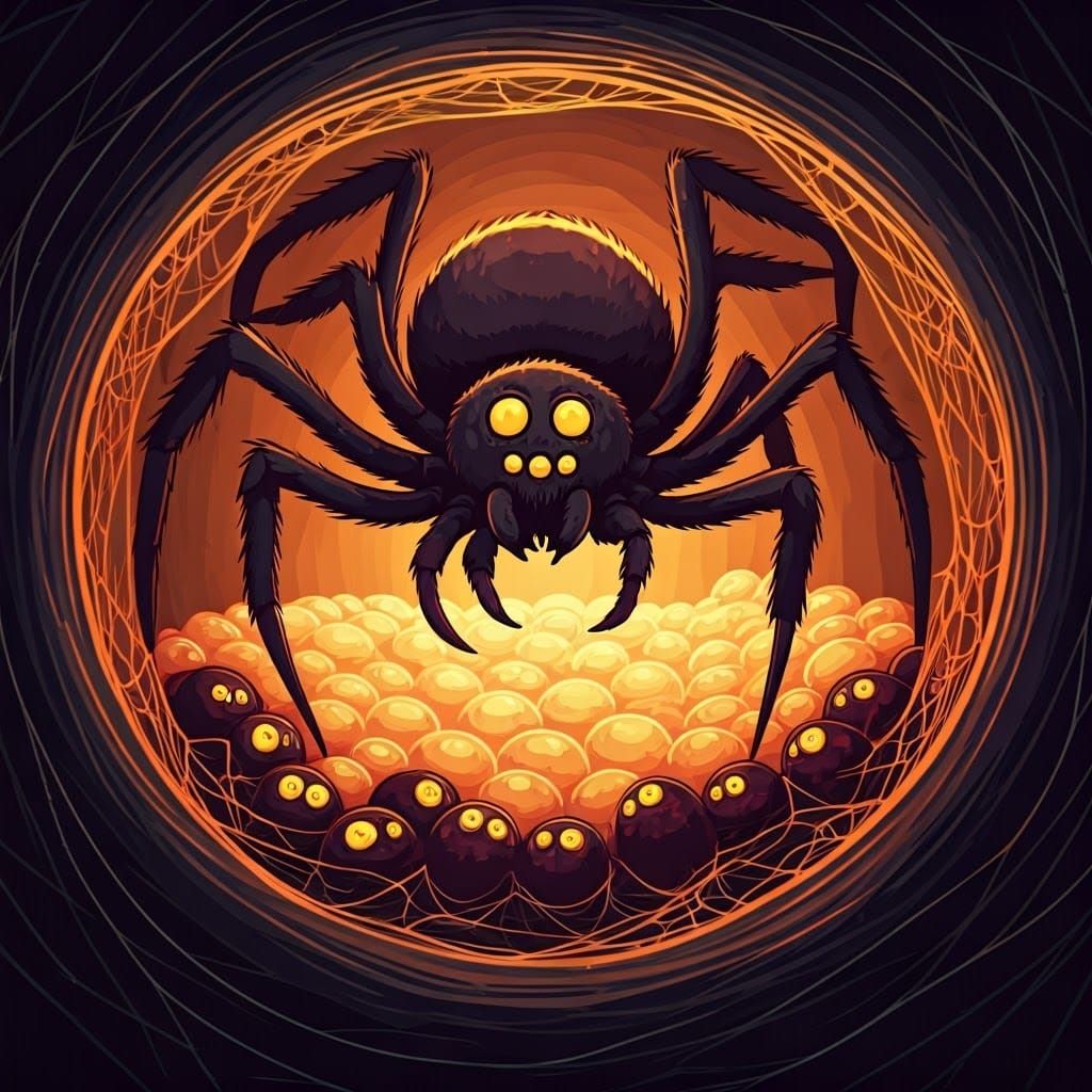 Gargantuan Spider in Gothic Nest, Dark Cartoon Art