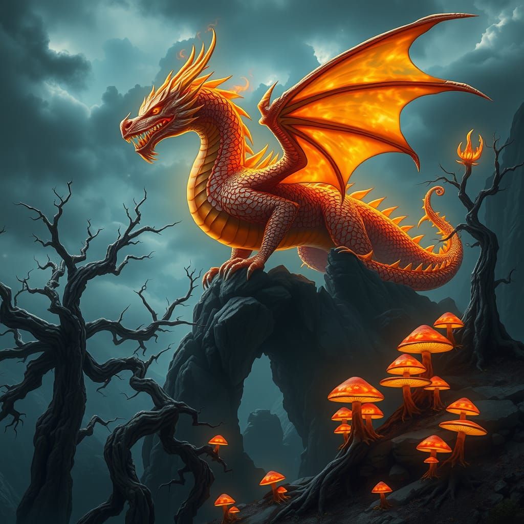 Majestic Dragon Perched Atop Stormy Mountain